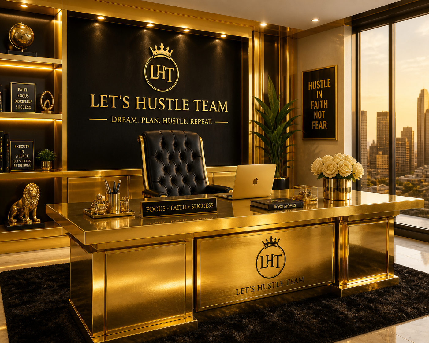 Luxury gold business office representing entrepreneurship, branding, and professional business growth